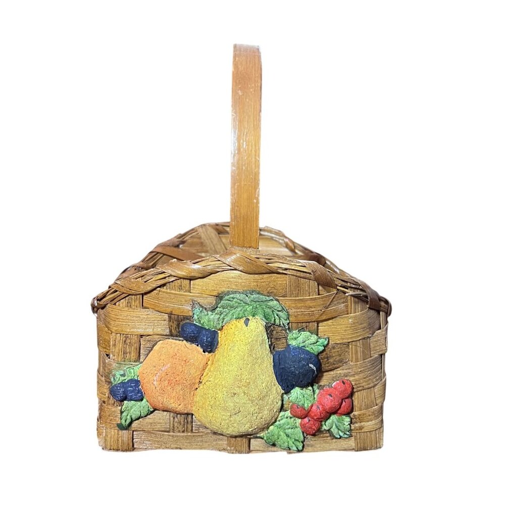 Vintage Small Woven Rectangular Basket With 3D Country Fruit Design